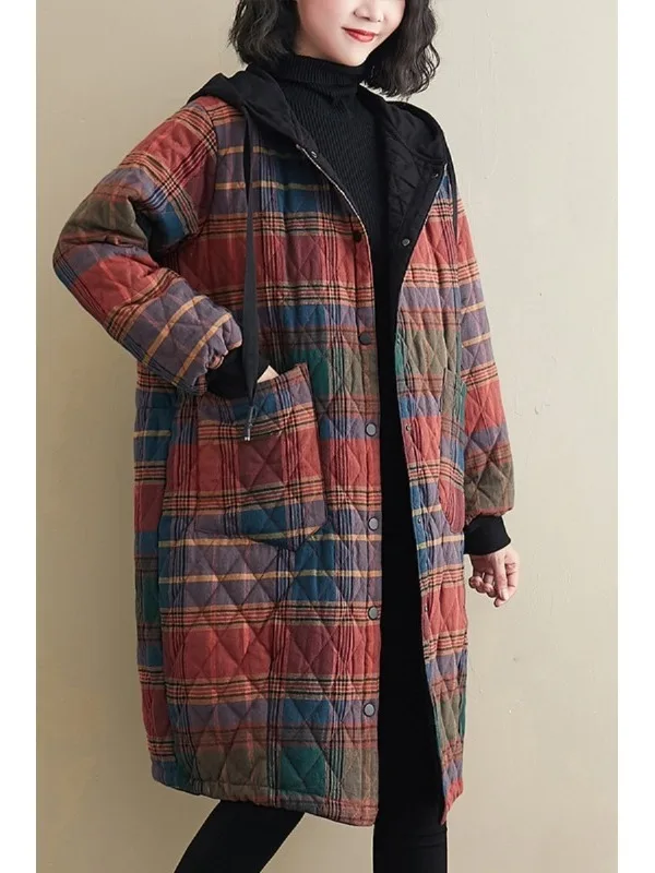 

Slimming Plaid Casual Cotton Jaet Women's Midi Length Faionable Korean Sle Commute Thiened Long Sve Winter Coat