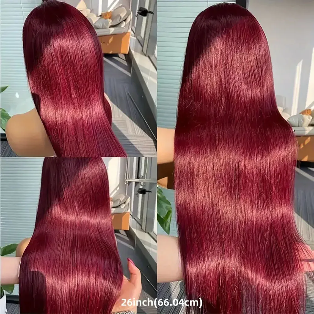 Transparente HD Lace Front perucas para mulheres, pré arrancadas em linha reta cabelo humano, 200 densidade, cor Borgonha, 13x4, 99J