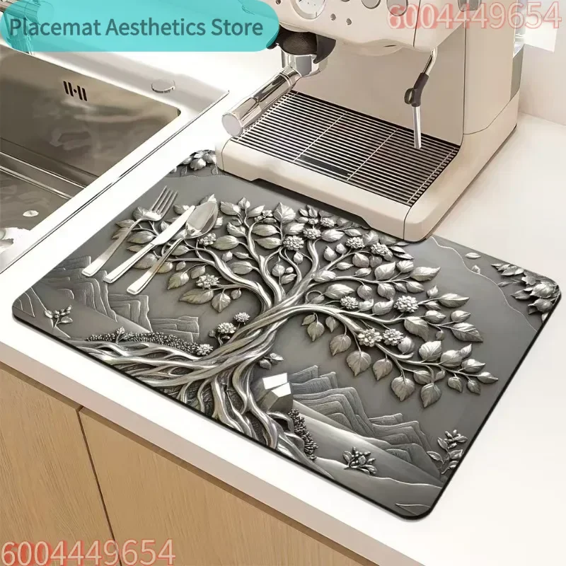 American Retro Diatom Mud 3D Tree Embossed Absorbent Protective Easy Clean Drying Mat for Coffee Machine & Kitchen Countertop