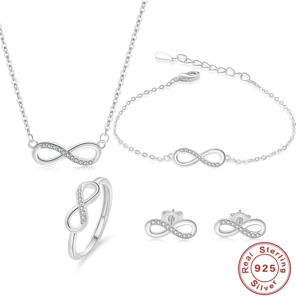 

925 Sterling Silver Jewelry Set Inlaid Crystal Zircon Women's Mobius Loop Necklace Bracelet Earrings, Party Gift Jewelry