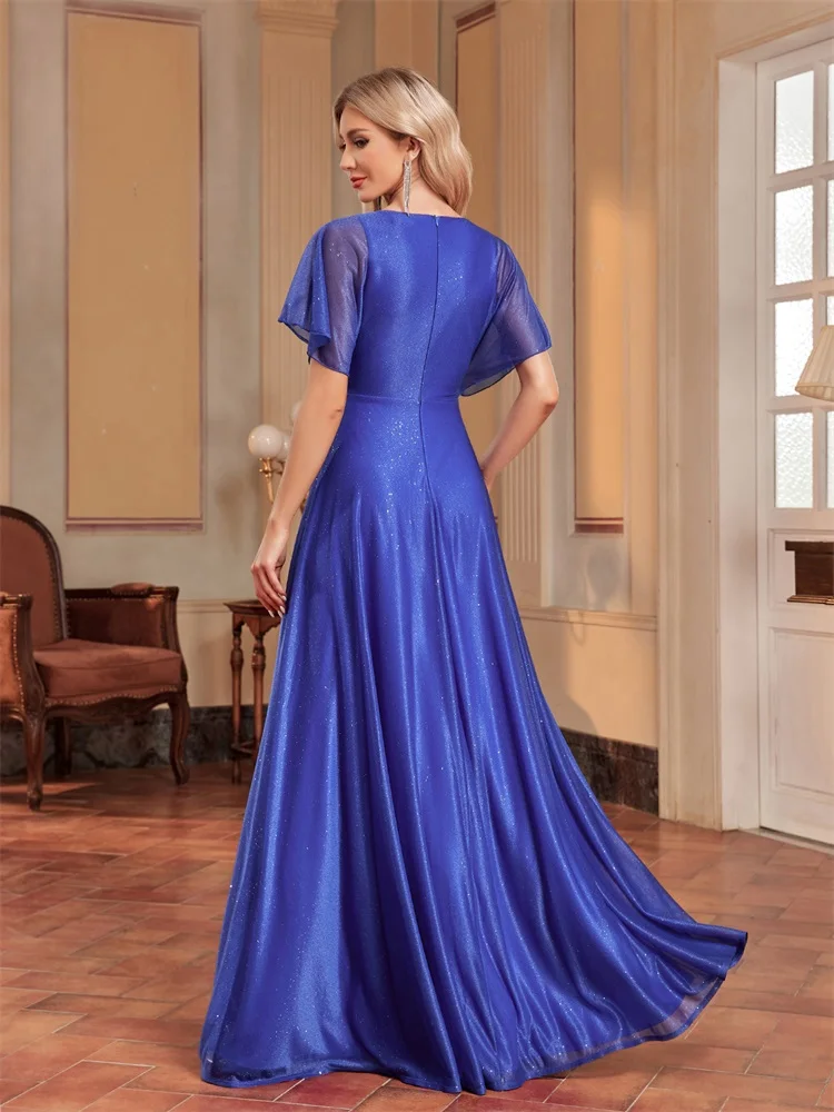 Lucyinlove Elegant Royal V-neck Formal Evening Dress 2024 Women Short Sleeves Applique Wedding Party Dresses Long Gowns