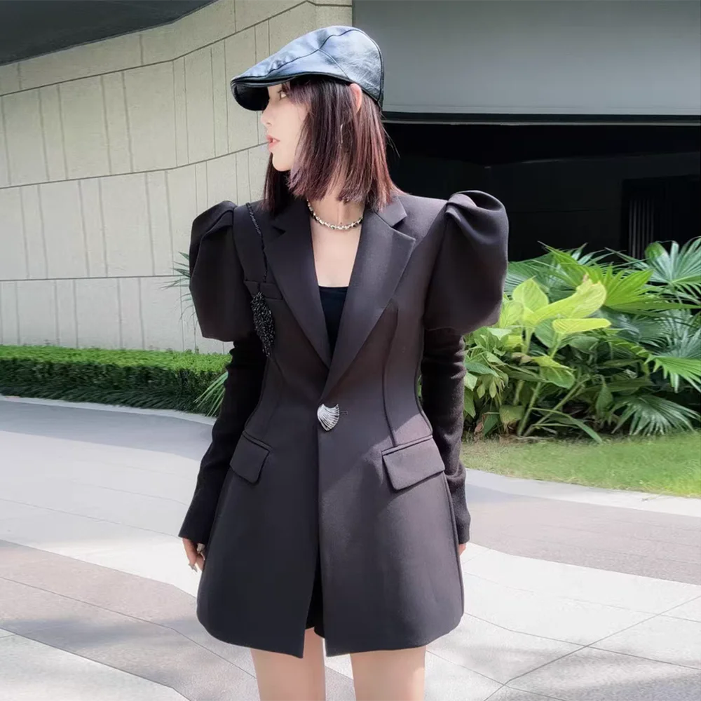 TWOTWINSTYLE Solid Designer Blazers For Women Lapel Neck Puff Sleeve Tunic Patchwork Button Temperament Coats Female Fashion New