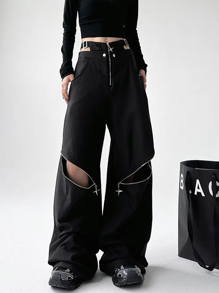 Qweek schwarze Baggy Pants Frauen Gothic Y2k Vintage Reiß verschluss hohe Taille Patchwork Cargo hose Streetwear Punk übergroße Hose