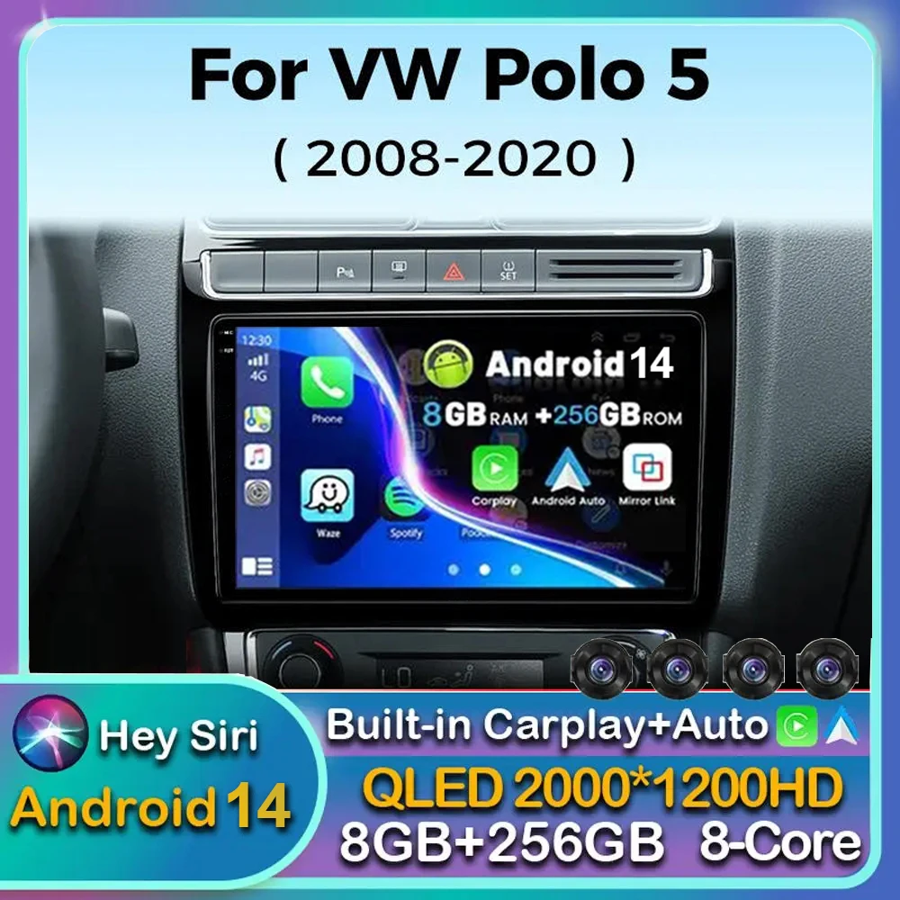 Radio samochodowe Android 14 Carplay dla Volkswagen VW Polo Sedan 2008 2009 2010 2011 2012 2013 2014 2015 odtwarzacz multimedialny Stereo GPS