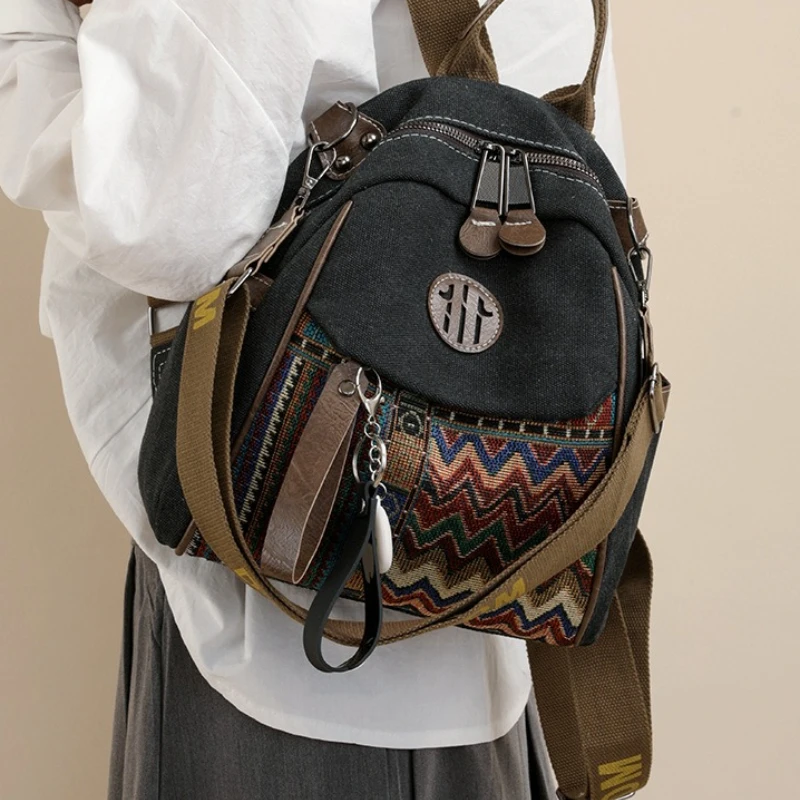Vintage Ethnic Print Canvas Backpack for Women Multi‑Purpose Convertible Shoulder Crossbody Bag ,Multi Pocket Lightweight Travel