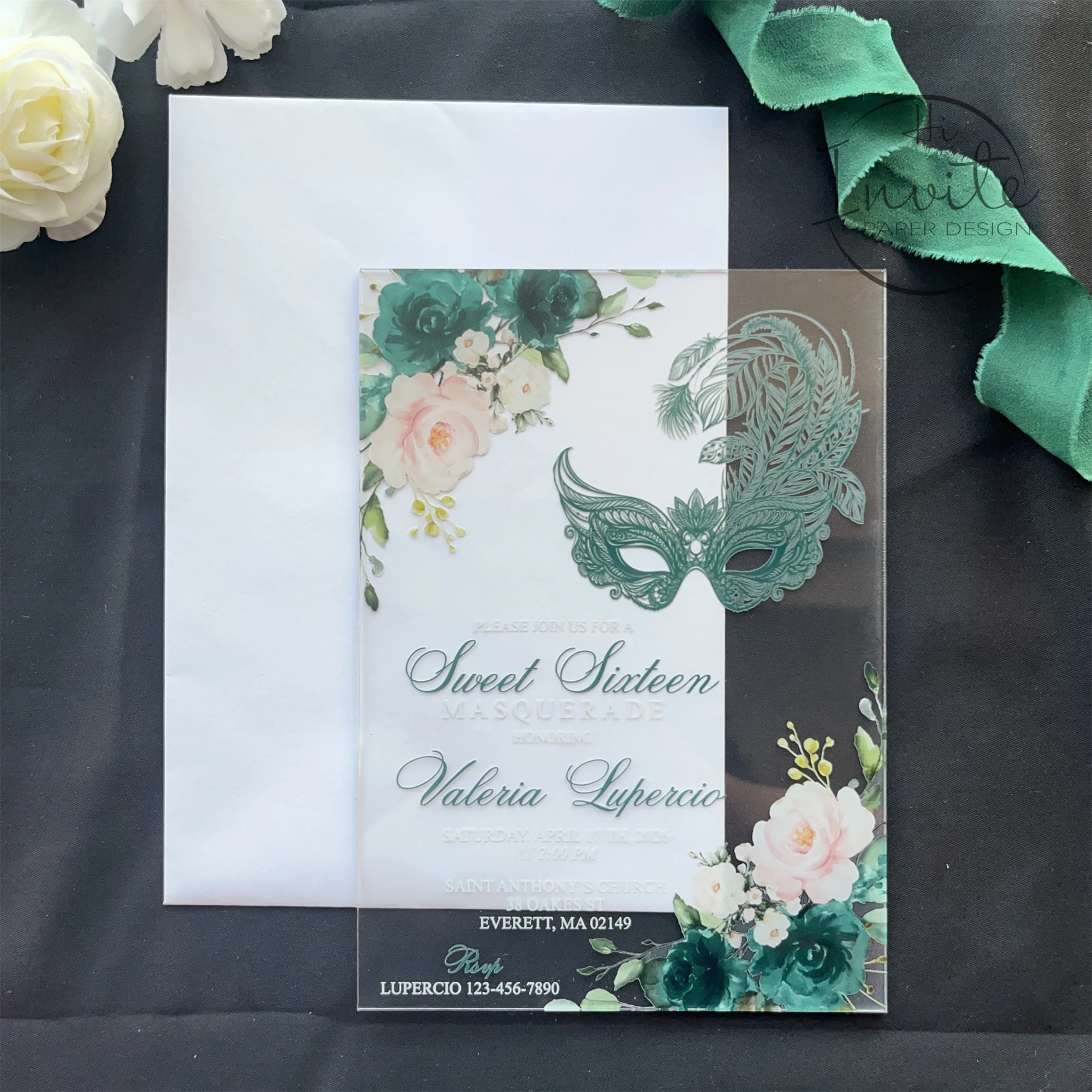 

Emerald Green Sweet 16 Acrylic Invitation With Masquerade, Green Floral Quinceañera Invite, Mis Quince Anos Card