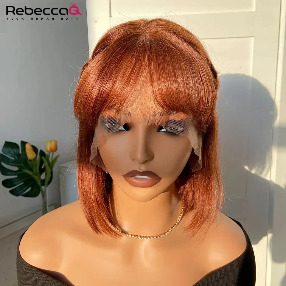 

Reddish Brown Short Straight Bob Lace Front Wig With Bangs Human Hair Bob Wigs Brazilian Remy Hair Reddish Brown Lace Bob Wig