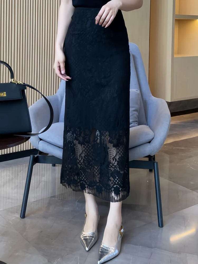 Ele Hollow Out Lace f Rock für Frauen Sli Einzigartiger schöner Ba Split Commute High Waist A-Line Midirock
