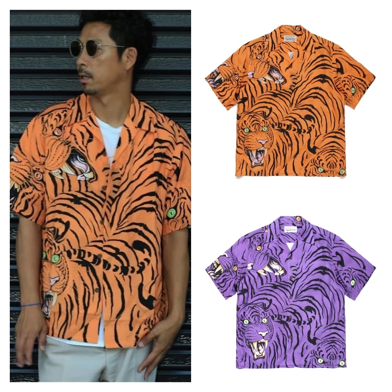 

Summer Men's Women's Brand Shirt WACKO MARIA Shirt Tiger Totem Vintage Collar Hawaii Short Sleeve Shirt