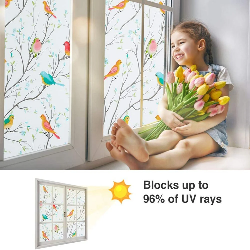 Privacy Window Film Non-Adhesive Frosted Bird Decorative Glass Film Static Cling Stained Window Stickers for Home Office