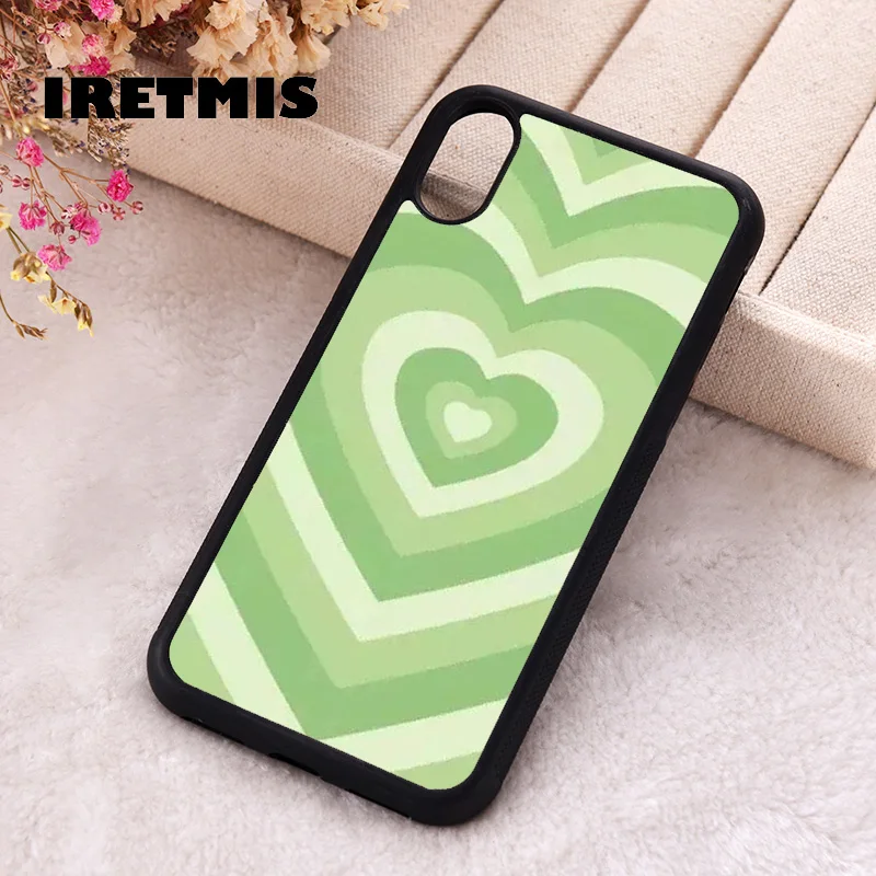 Iretmis Phone Cover Case For iPhone X XS Max XR 11 12 13 PRO MINI 14 15 16 Plus Rubber Silicone Matcha Love Light Green Heart