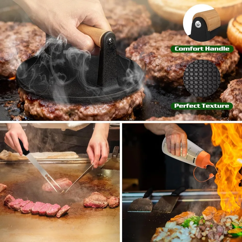 مجموعة ملحقات الشواية مكونة من 134 قطعة لشوايات بلاكستون - تتضمن قبة وضغط البرجر وأدوات للشواء في الهواء الطلق