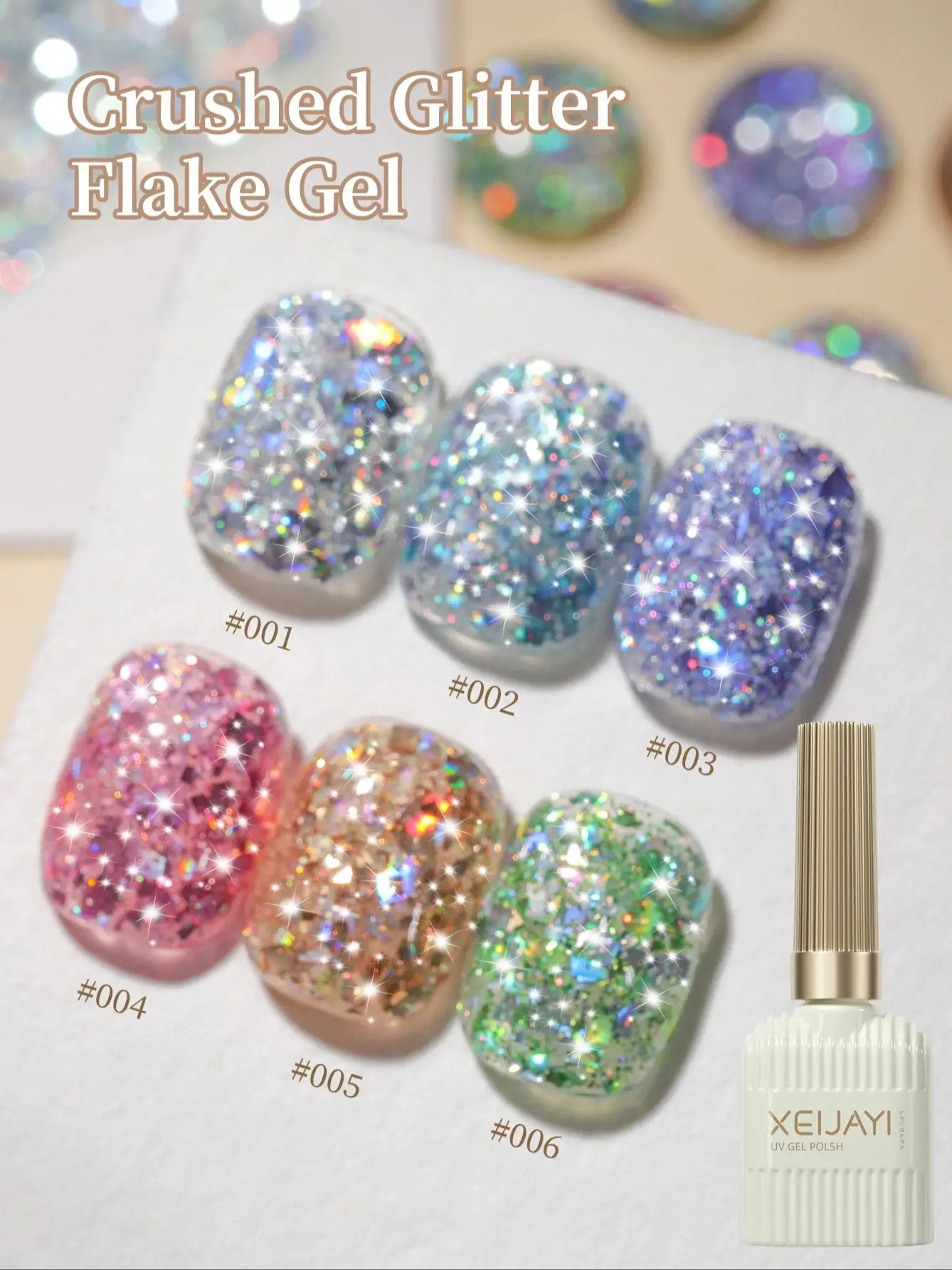 XEIJAYI 15ML 6-Farben Glitzernder Diamant-Glitter-Gel-Nagellack Langanhaltender Glanz Nagelkunst-Gel für Salon-Nagel-DIY Frauengeschenke