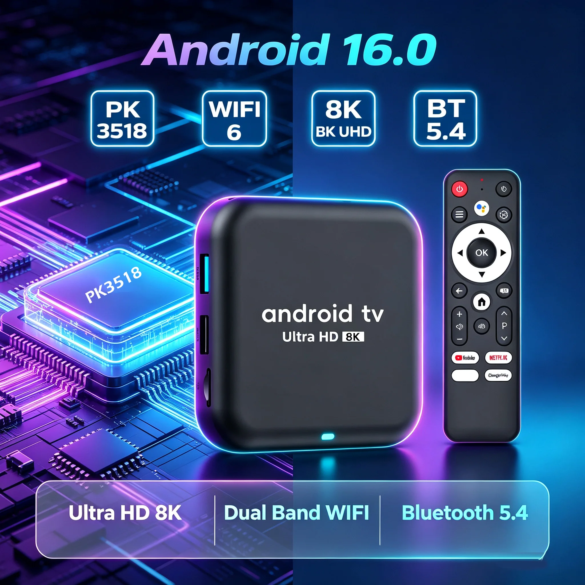 Android 16 Smart Home Theater Q18 RK3518 Chip 8GB+256GB 8K Media Player Google Voice Assistant Dual WiFi BT 5.4  Set Top Box