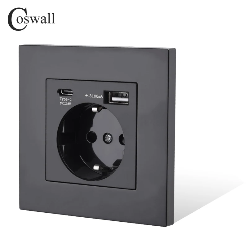 COSWALL Plastic Panel White EU / Spain / Russia Wall Power Socket Grounded With 18W Type-A & C Dual USB DC 5V 3A Fast Charger