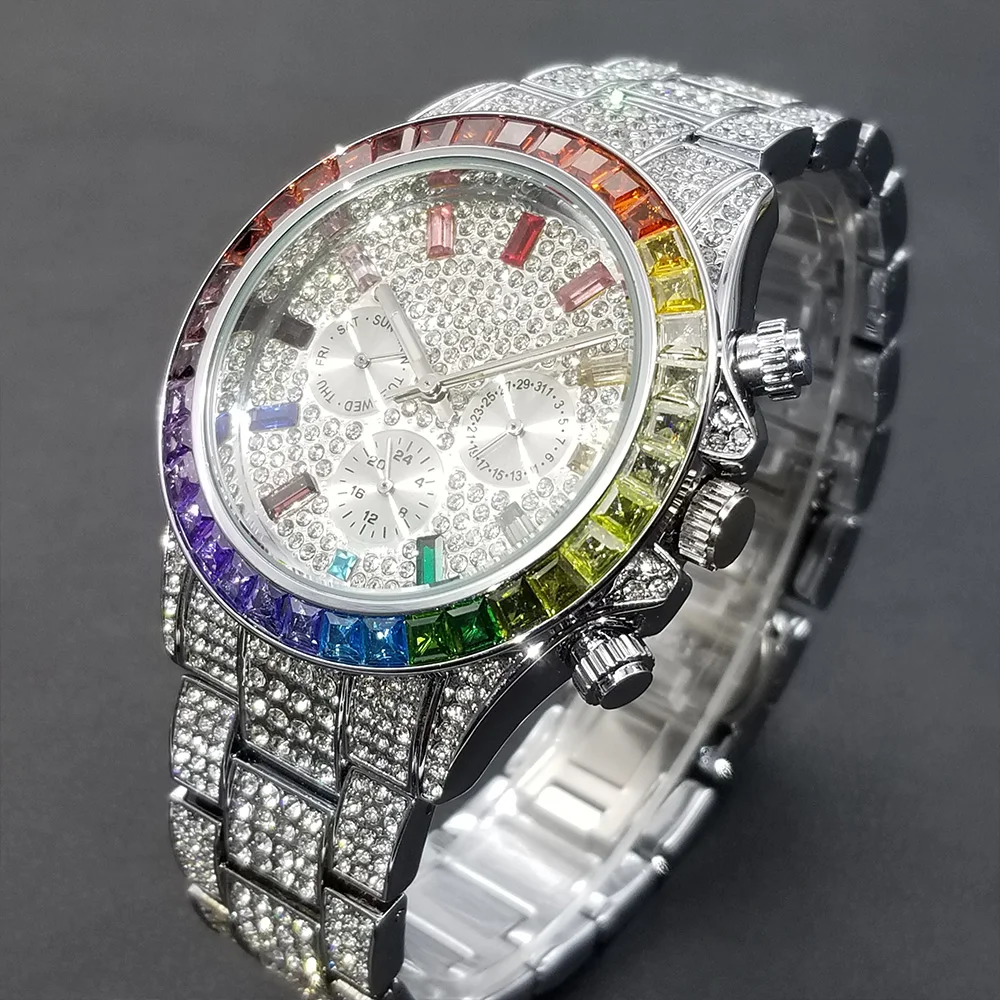 Hip Hop Men Watch Luxury Iced Out Multicolor Diamond Watches Fashion Silver Stainless Steel Dive Week Display Clock Hot Selling