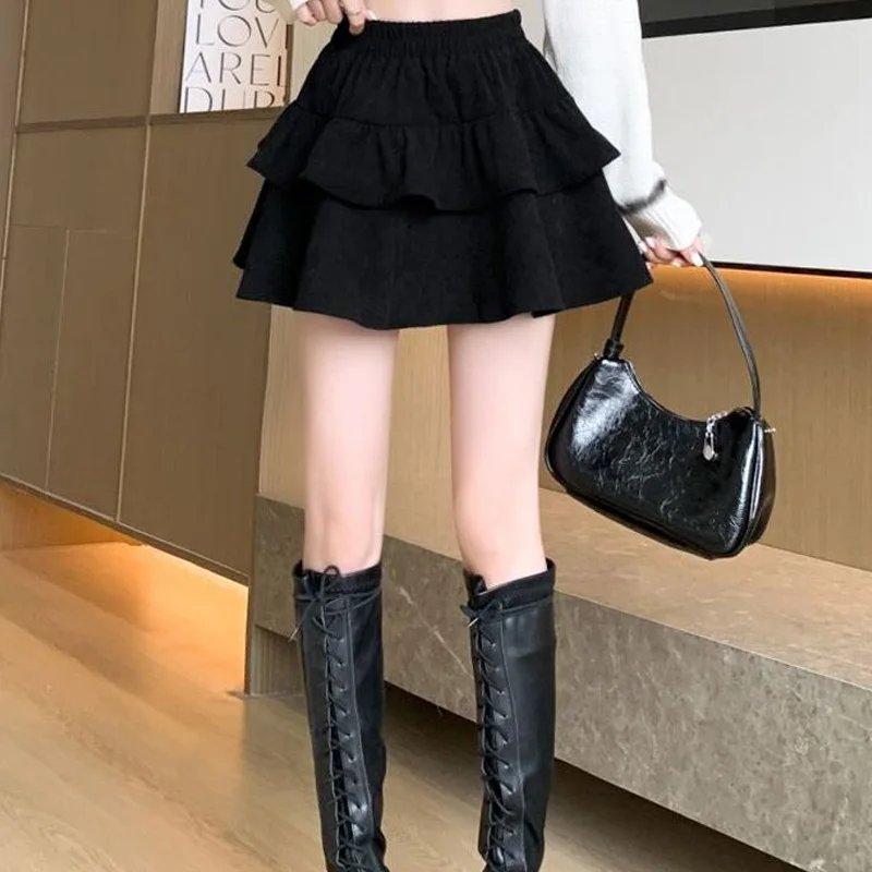 Kawaii Solid Color Sweet Autumn Winter Thin High Waist Ladies A-line Skirt Korean Patchwork 2023 New Fashion Women\'s Clothing