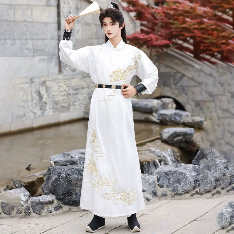 Hua Qingjin[lush mountain]Tang style round necked robe embroidered Hanfu Spring and Autumn daily narrow sleeved performance