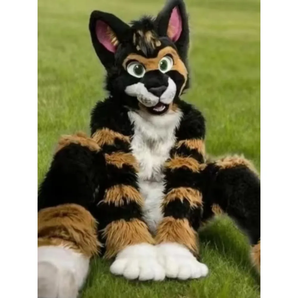 White Fursuit Husky Dog Mascot Costume Black Brown Long Fur Adult Size Cartoon Character Event Performance