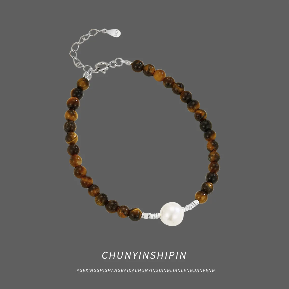 

One-of-a-Kind S925 Sterling Silver Bracelet with Tiger Eye Stone and Pearl, Chic and Elegant Women's Accessory