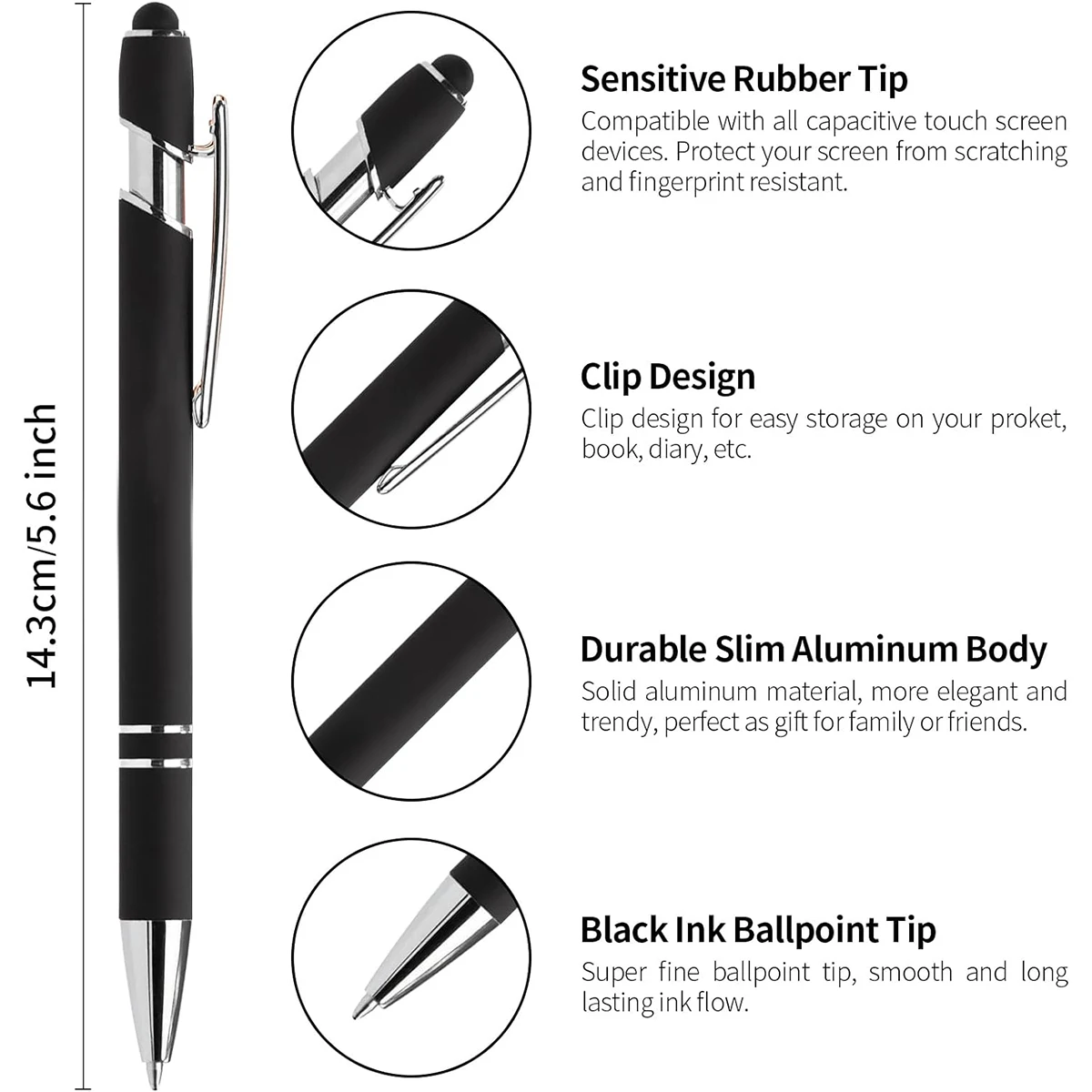 12 Pcs of Metal Aluminum Handle Push Pen Simple Can Be Used for Writing and Touch Screen 2 in 1 Ballpoint Pen for Students