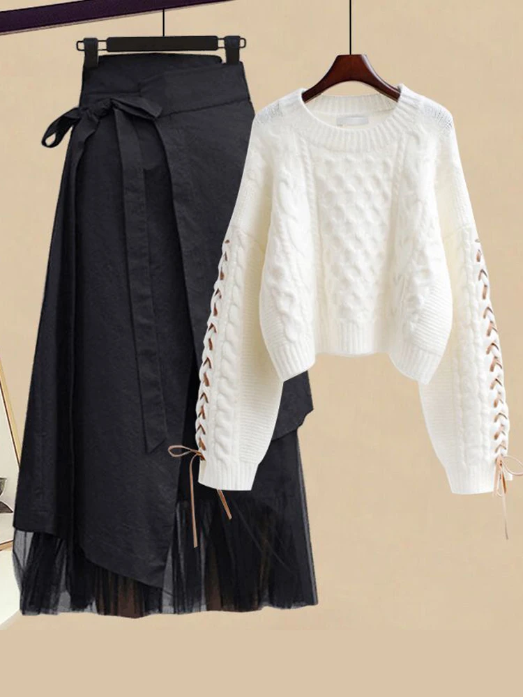 

Модный вязаный комплект из свитера и юбки для женщин: осенняя деловая одежда, стройнящий профессиональный стиль от Gujie