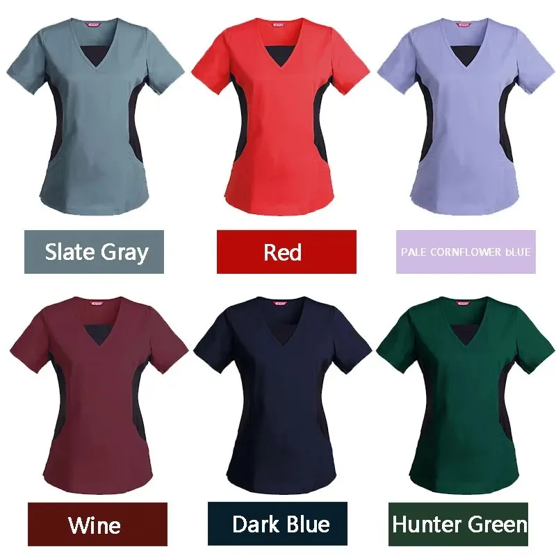 Women's Scrub Top Nursing Uniform Blouse Short Sleeve V-neck Working Top with Pockets