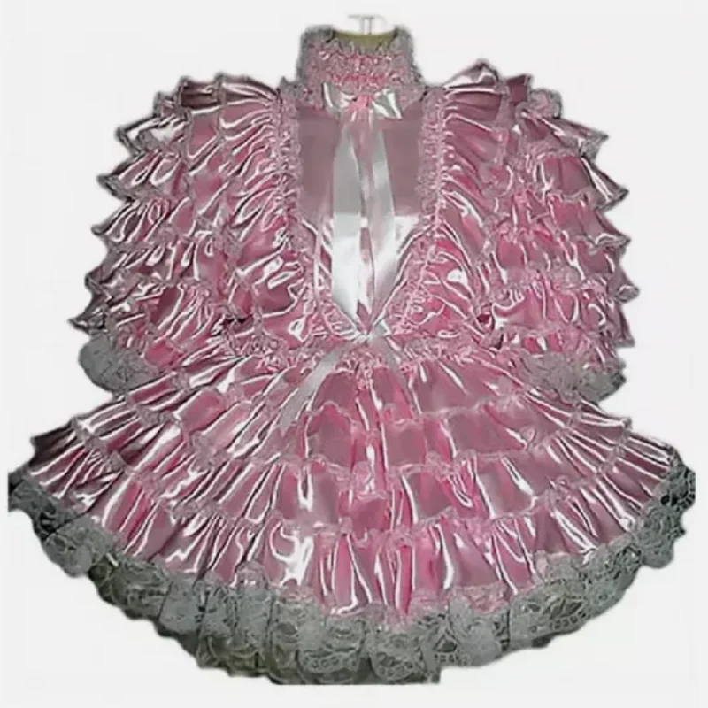 

Hot selling brand new Sissy lockable pink satin adult lace ruffled maid costume customization