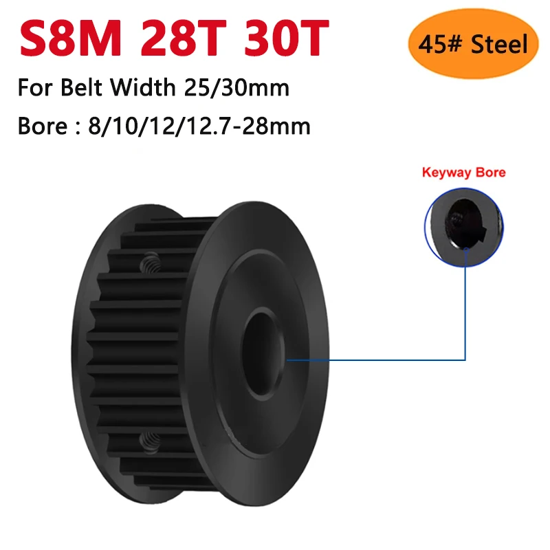 1pc 28 30 Teeth S8M Black 45# Steel Timing Pulley 28T 30T Synchronous Wheel for Belt Width 25mm 30mm Bore 8 10 12 12.7 14-28mm