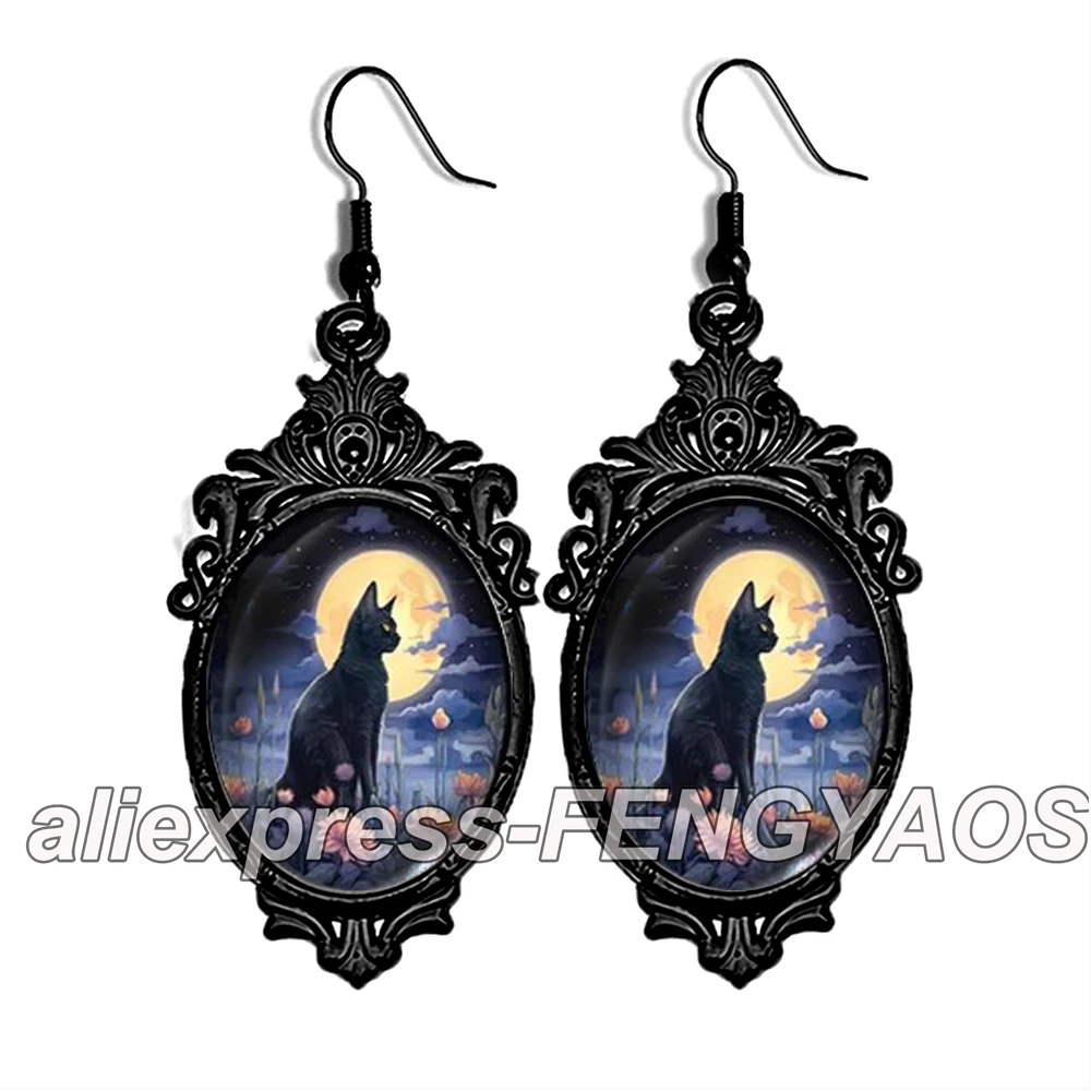 New Green Moon Cat Dangle Earring for Women Halloween Black Lace Earrings Oval Glass Photo Jewelry Gifts Party