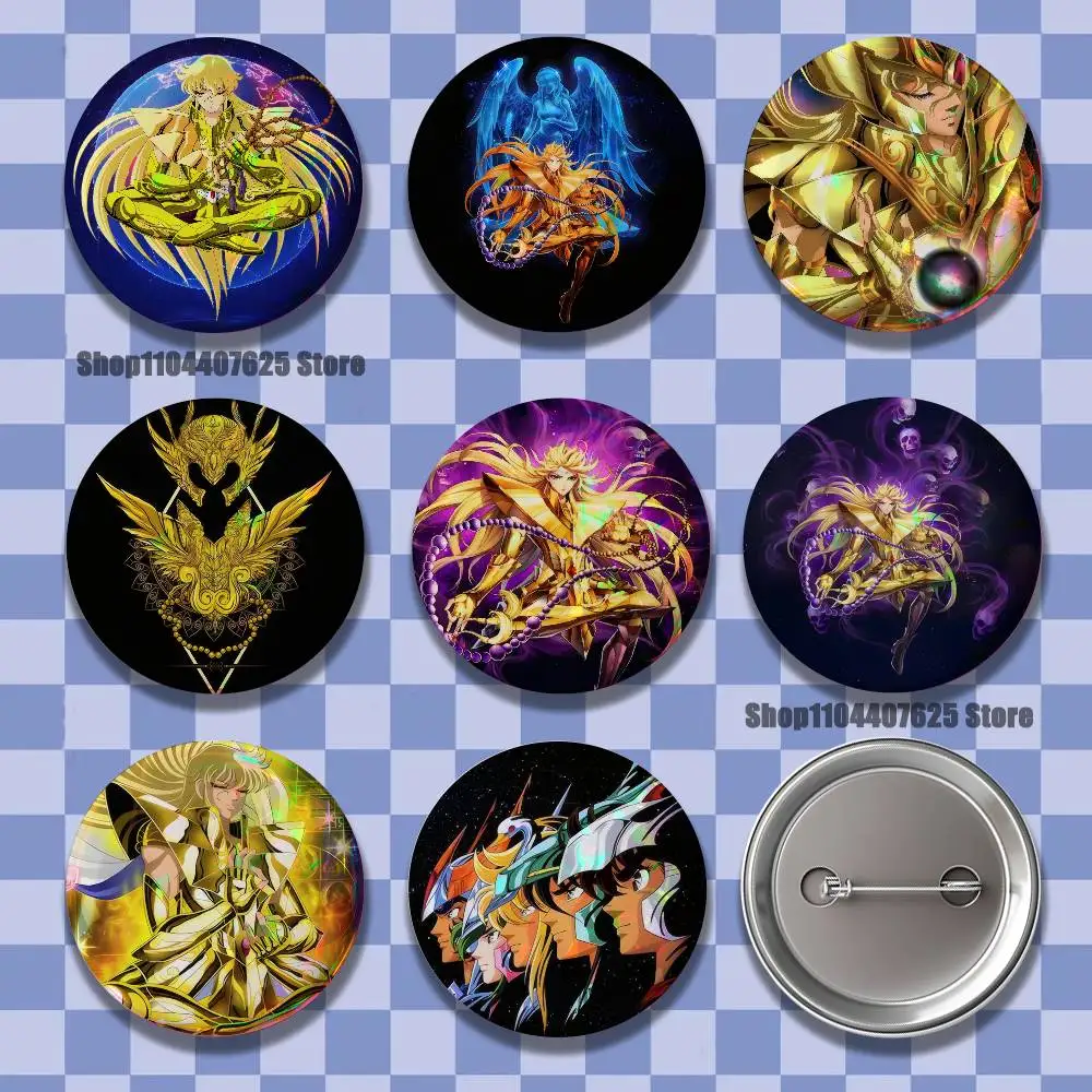 

Saint Seiya Virgo Shaka Reflective Pin Tinplate Round Brooch Cartoon Cosplay Badges for Bag Hat Toys Gifts