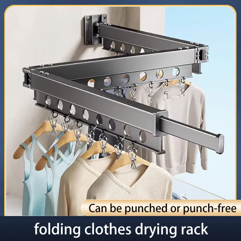 Hole-free Folding Clothes Drying Rack Invisible Wall Hanging Clothes Rod Outdoor Telescopic Aluminum Alloy Clothes Drying Rod