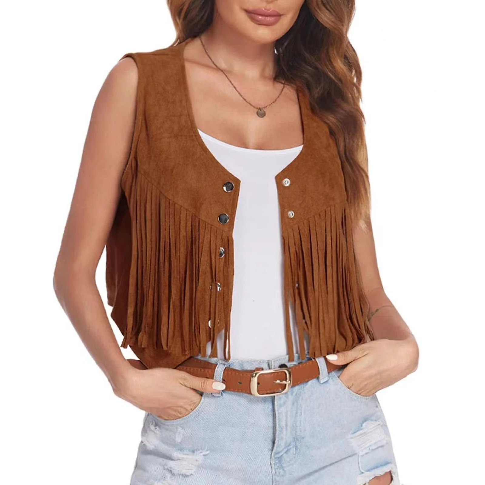 

Womens Sleeveless Tassel Waistcoat Punk Vintage Fringe Vest Faux SuedeIrregular Hem Jacket for Halloween Party Rock Concert