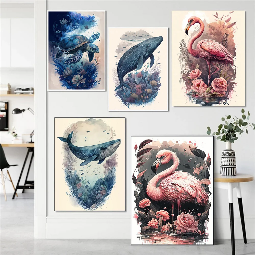 Diamond Painting Watercolor Animal In Flower 5D DIY Full Drills Whale Turtle Flamingo Mosaic Embroidery Cross Stitch Kits Poster