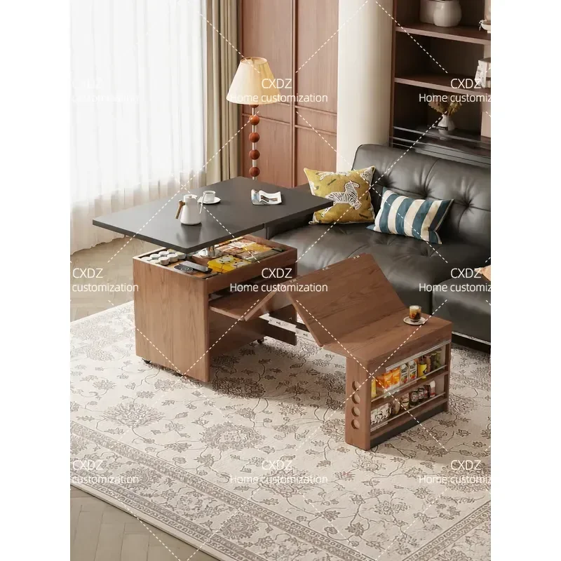 Medieval Folding Coffee Table Movable Living Room Sofa Side Table Solid Wood Lifting Tea Table Small Apartment Household