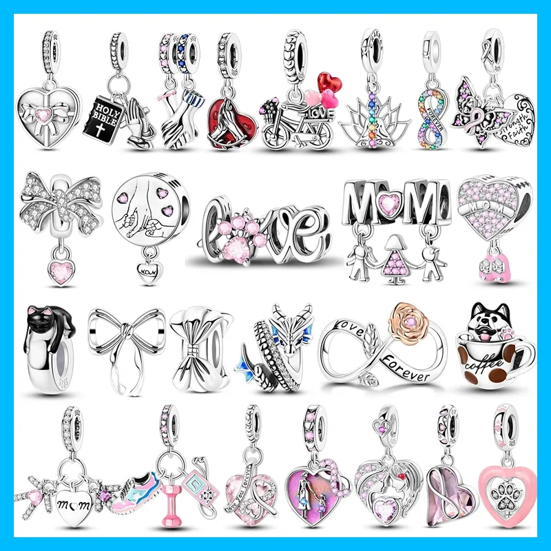 Abalorios de Plata de Ley 925 con Forma de Lazo y Corazón Rosa para Pulseras Originales, Bolsos, Llaveros, Colgantes, Joyería DIY para Mujer, Regalo