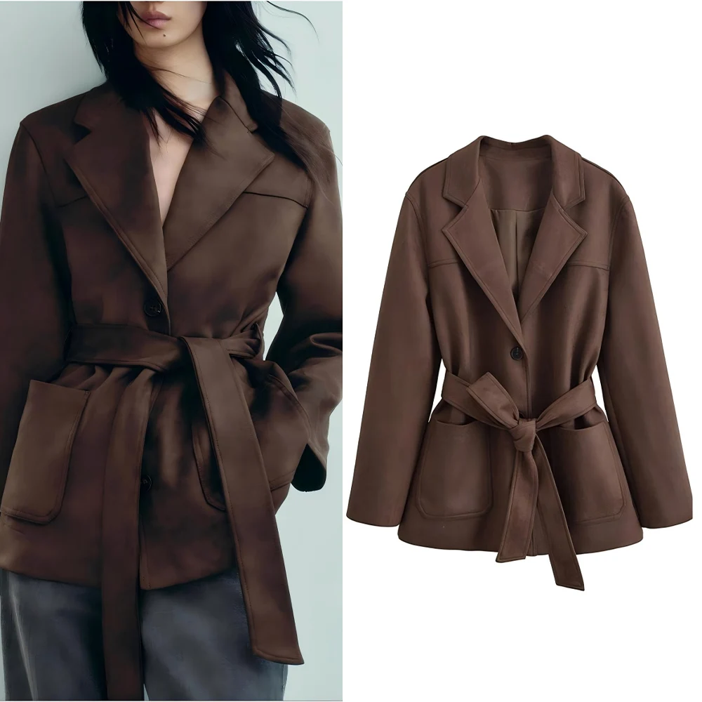 

Women's new fashion with Belt loose single breasted suede windbreaker jacket retro long sleeved pocket women's jacket chic top