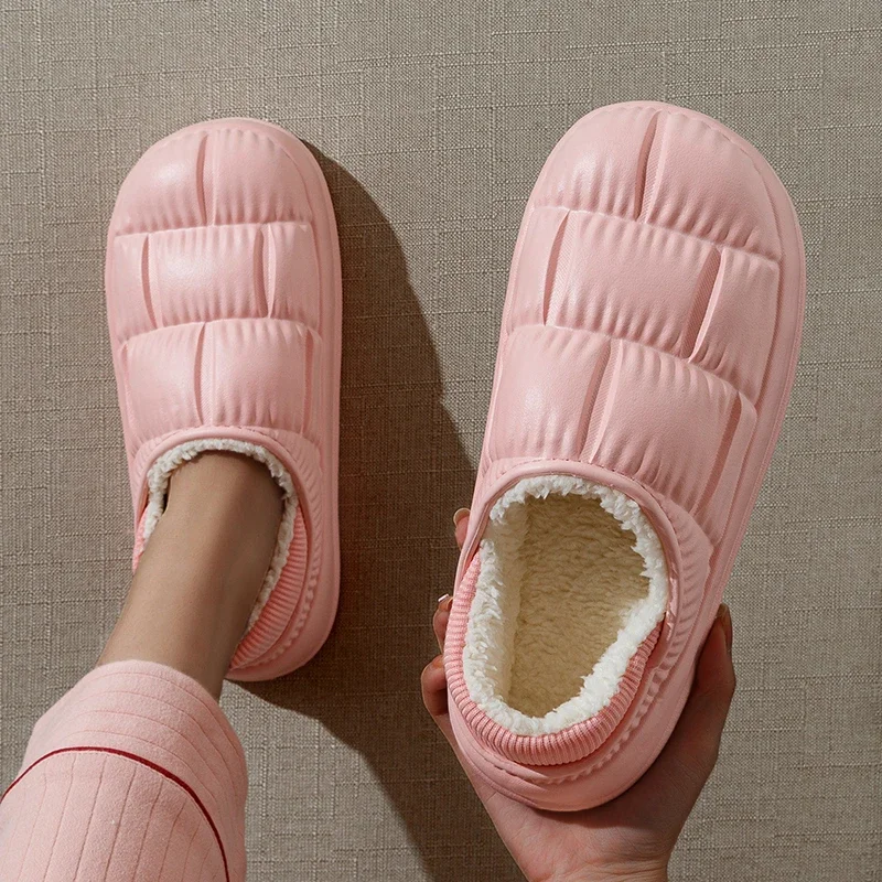 New Couple Winter Warm Waterproof Soft Lithe Fluffy Slippers For Women Men Wrap Heel Antiskid Ladies' Home Casual Cotton Shoes