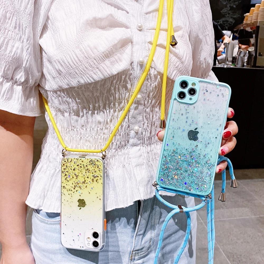 Bling Glitter Strap Cord Chain Necklace Crossbody Case For iPhone 13 12 Mini 11 Pro XS Max X XR 6 6S 7 8 Plus SE 2 Lanyard Cover