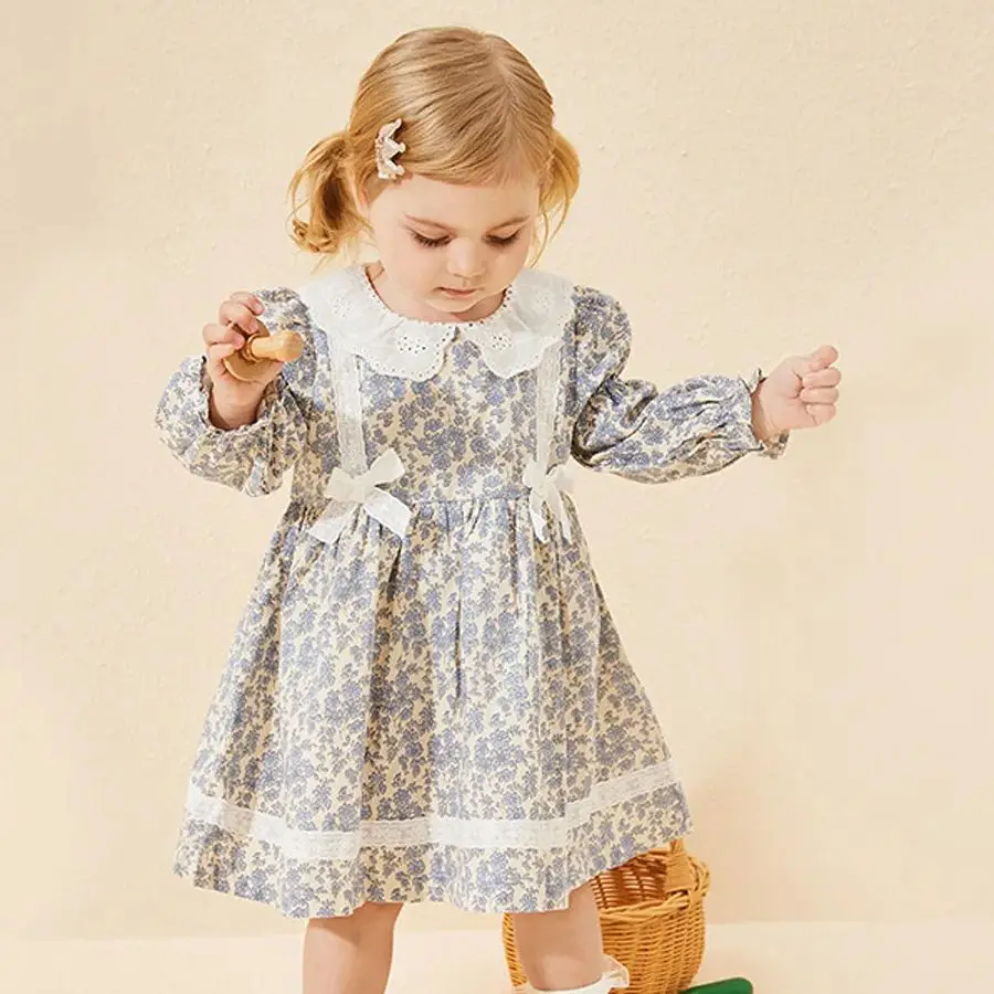 

New Children's Dress Autumn Dress For Girls Floral Long-Sleeved Princess Dress Lace Bow Children's Dress