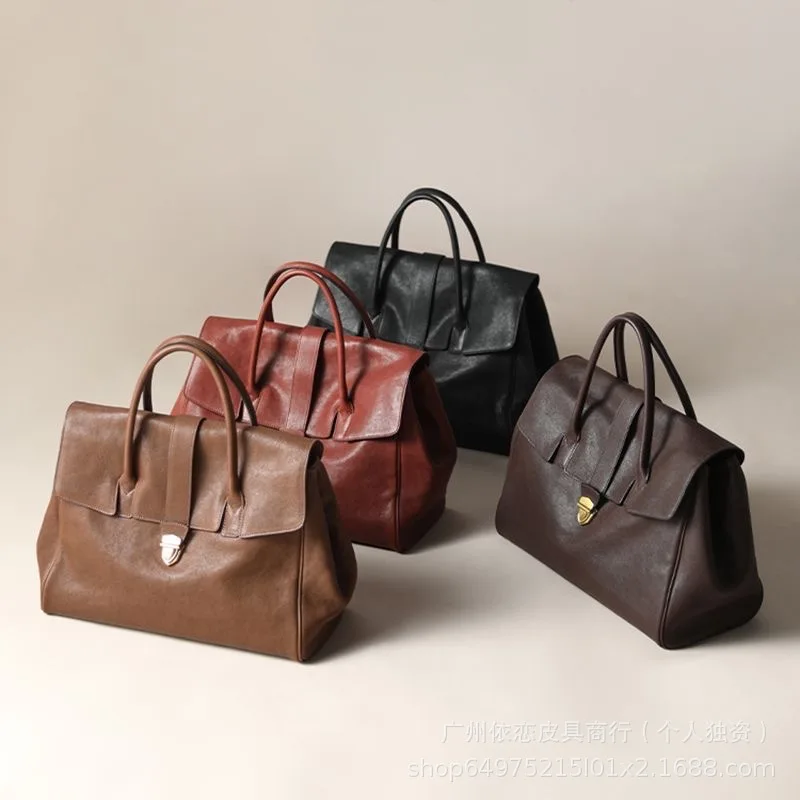 2025New Qiuzhen Vegetable Tanning Leather Portable Briefcase Leather Bag Woman Retro Large Capacity Women's Bag