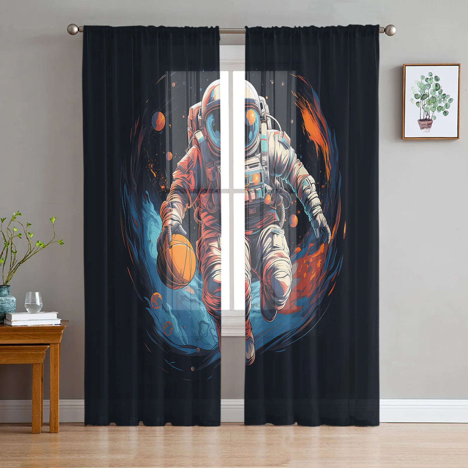 

Sporty Astronaut Basketball Sheer Curtains For Living Room Window Long Tulle Curtain Bedroom Kitchen Decoration Voile Drapes