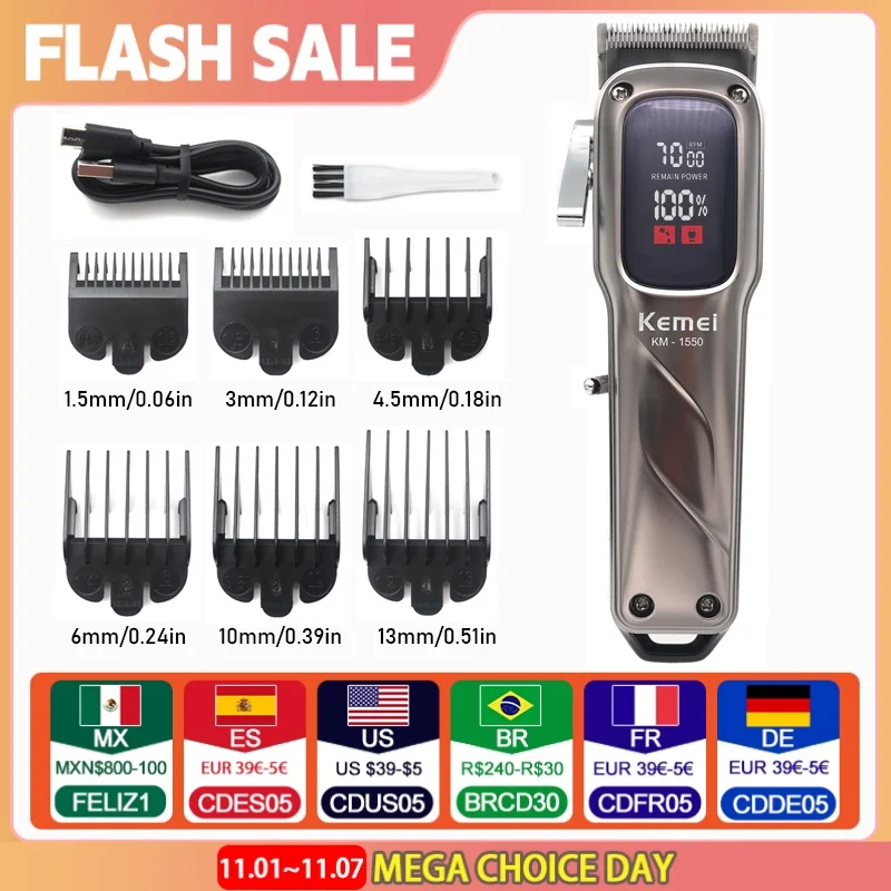 Kemei KM-1550 남성용 전문 헤어 클리퍼, LED 디스플레이, 저소음, 무선 USB 인터페이스, 헤어 커팅 머신, 헤어 트리머