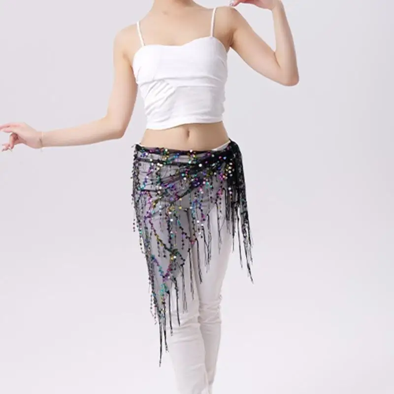 

39BB Belly Dance Hip Scarf with Tassels Sequins,Triangle Wrap Skirt Beach Cover Up Music Festival Clothing for Womens