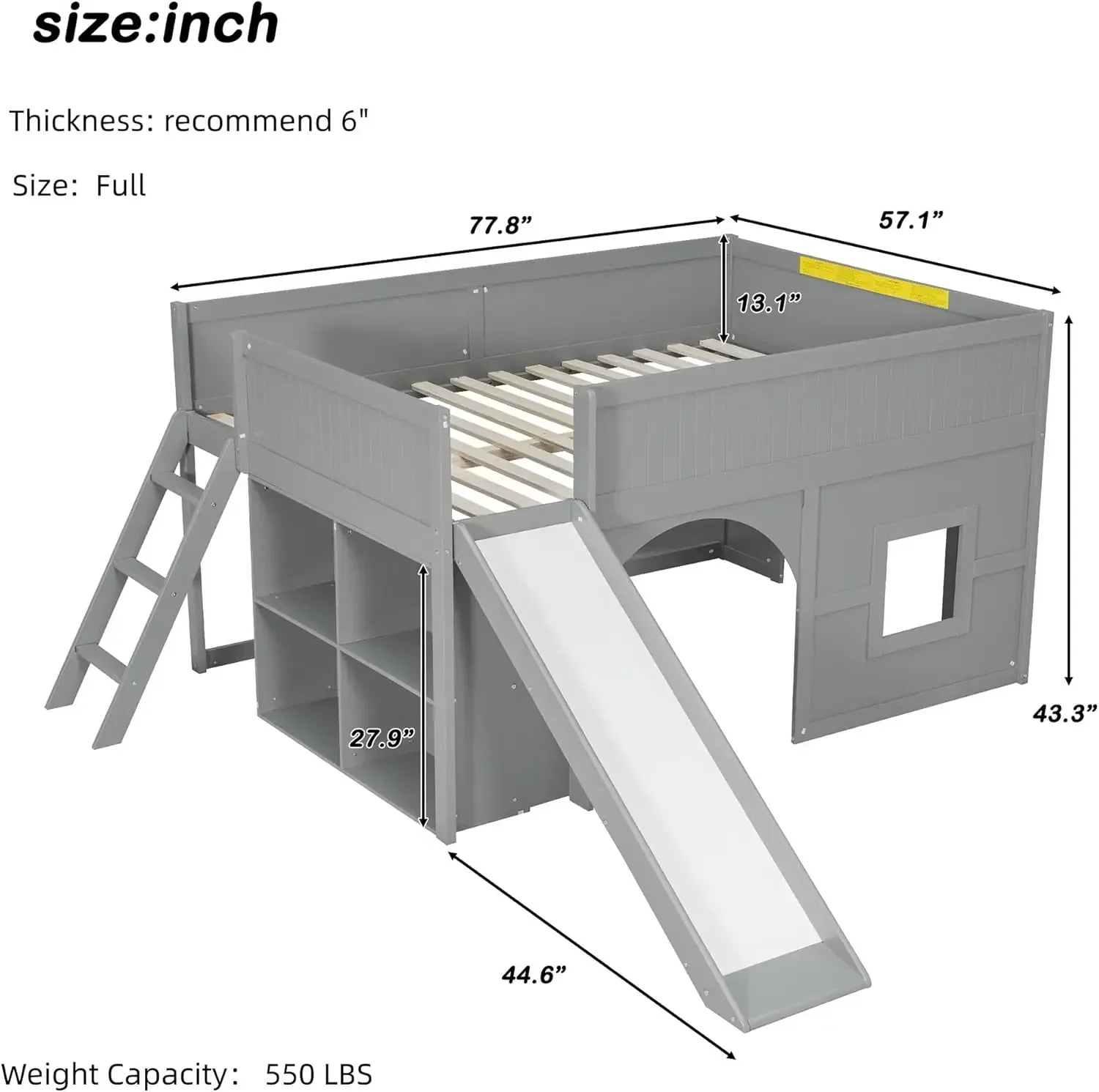 Merax Full Size Loft Bed with Slide & Stairs, Low Loft Bed for Kids, Solid Wood Bed Frame with Storage Shelve, Guard Rails, Slat