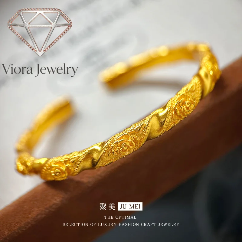 Viora Jewelry Light luxury niche design vitage retro 24K real gold engraved rose 9999 open bracelet plain ring bracelet gift