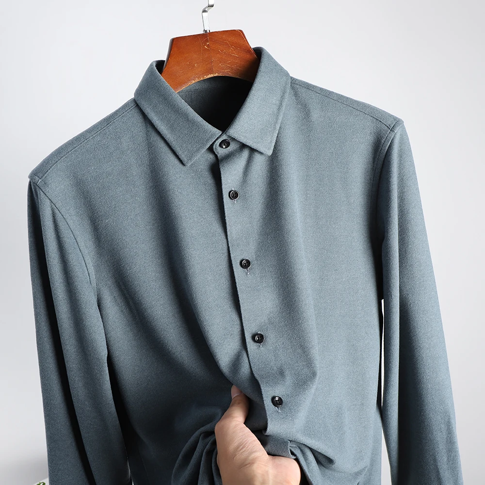 Men's Pure Color Business Casual Long Sleeve Shirt Autumn Winter Fashion Urban Style Breathable Fleece Collared Business Shirt
