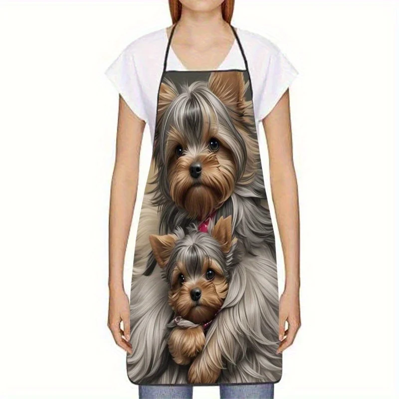 1pc Yorkshire Terrier Love Apron - Sleeveless Polyester Kitchen & Baking Apron with Adorable Mother & Puppy Cuddling Design, Per