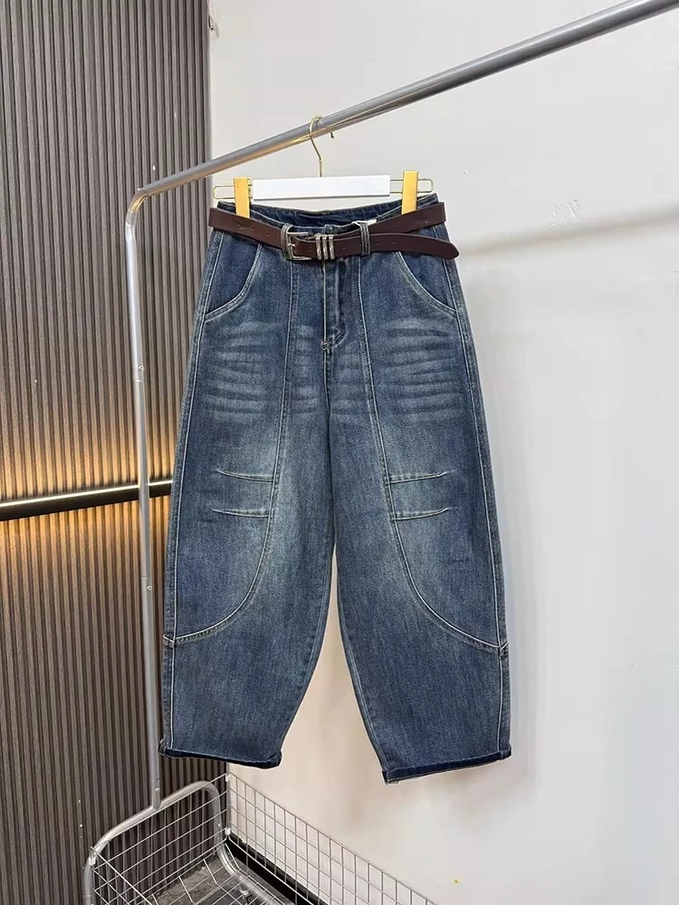 

Women's High Waist Jeans 2026 New Retro Street Loose Nine Point Slacks Blue With Waistband Plus Size Denim Wide Leg PantsTrendy