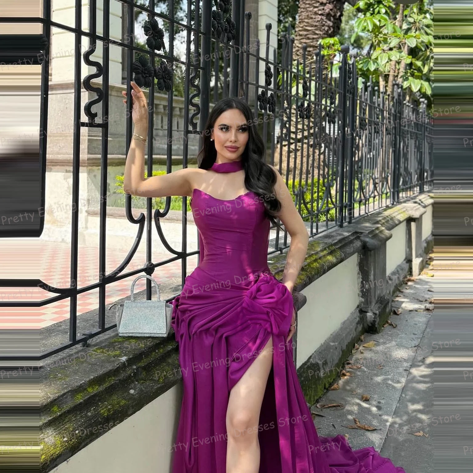 Gaun Malam Merah Muda Sederhana Gaun Prom Wiru Belah Tinggi Seksi Wanita Putri Duyung Gaun Pesta Mode Kustom Vestidos De Novia